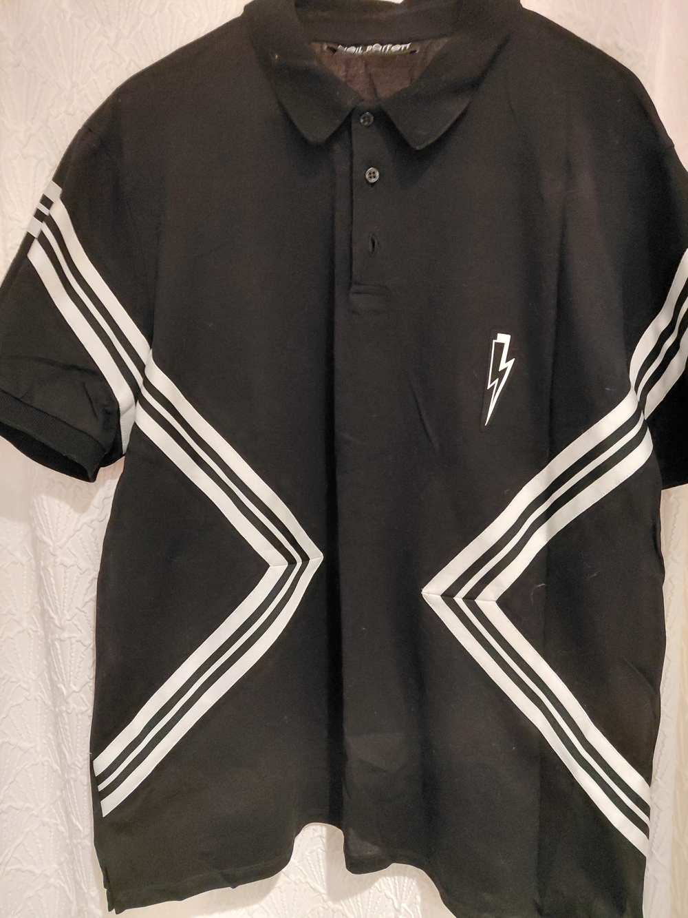 Neil Barrett Men's Black Polo Shirt with White Chevron Accents XL